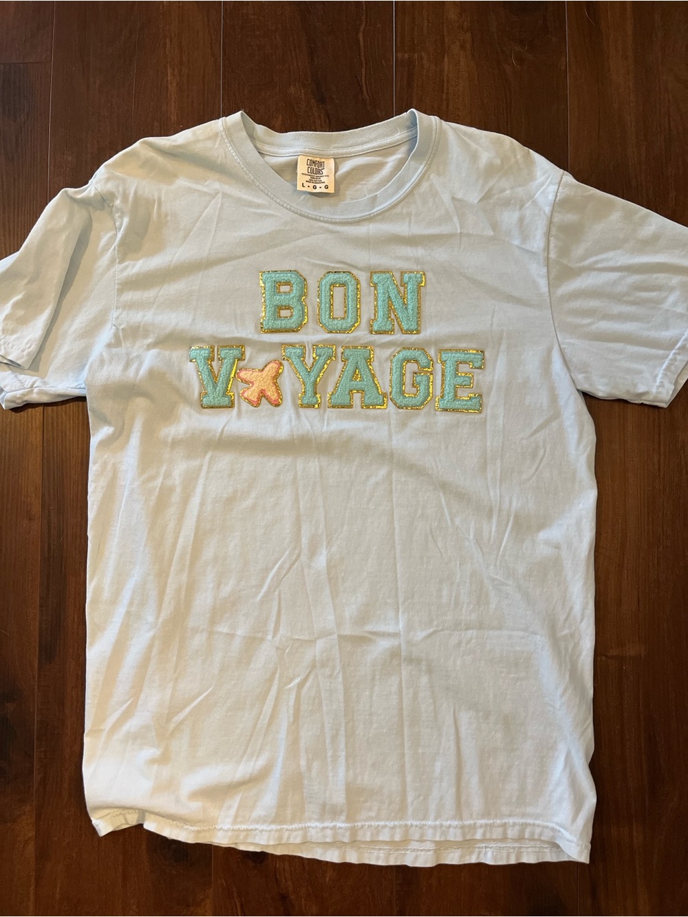 Comfort Colors Pale Blue 'Bon Voyage' Graphic Tee with Aqua & Gold Trim